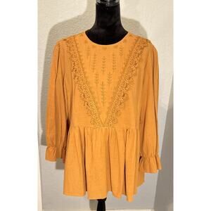 Indie & Co XXL Women's Crochet Embroidered Detail Ruffled Top Boho Cottagecore‎